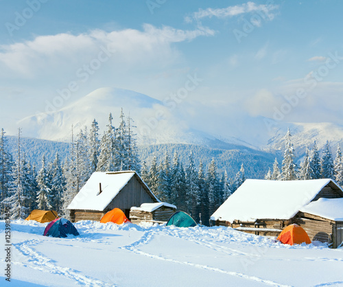 Obraz na płótnie Winter calm mountain landscape with shed and mount ridge behind (Carpathian Mountains, Ukraine) w salonie