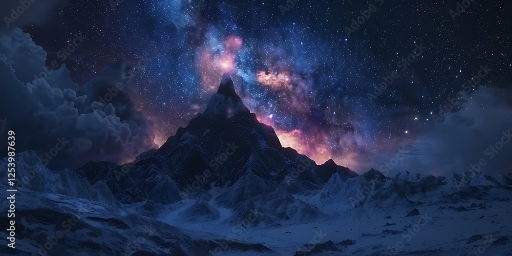Fototapeta premium Vibrant Nebula and Starry Sky Over a Majestic Mountain Silhouette 