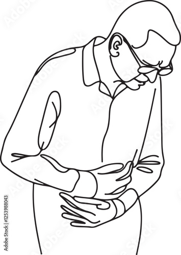 Line Drawing of Senior Man Holding Stomach in Agony