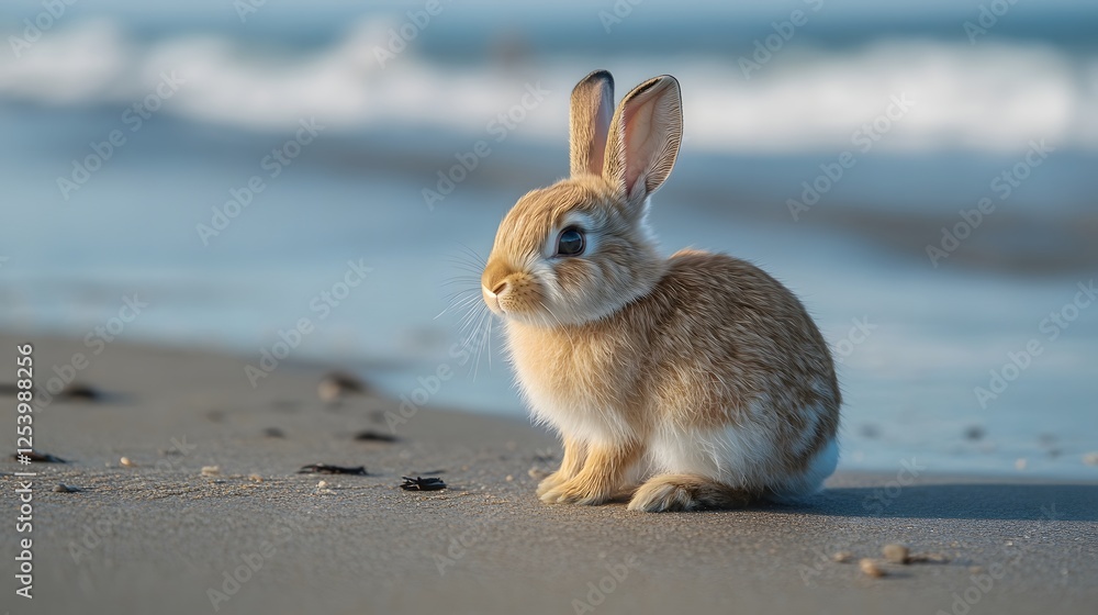 A fluffy rabbit sits peacefully on a sandy beach, gazing out at the ocean waves in the soft light. A fluffy rabbit sits peacefully on a sandy beach, gazing out at the ocean waves in the soft light.