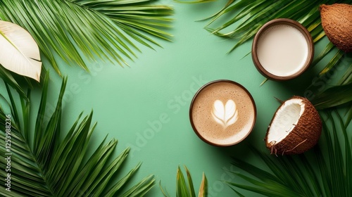 Coconut products with palm leaves on a vibrant green background photo