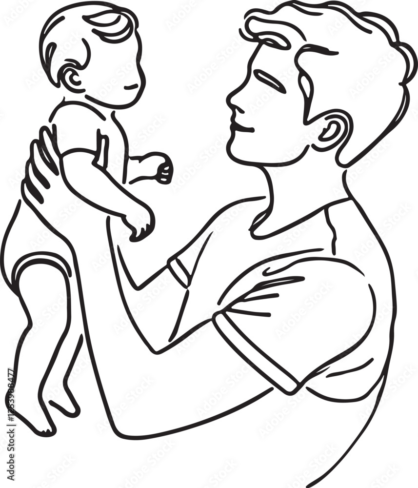 Simple Line Art. Father Lifting Baby in Loving Gesture Simple Line Art. Father Lifting Baby in Loving Gesture