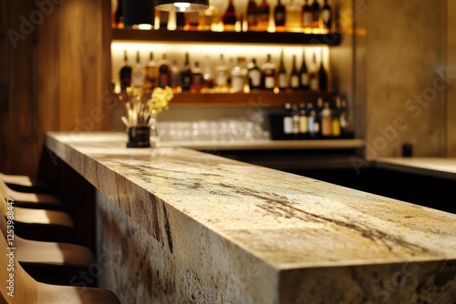 A luxurious marble bar exudes sophistication under warm, ambient lighting, inviting relaxation and conversation.