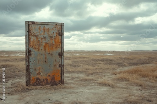 A solitary, rusted door stands eerily in an open field under a clouded sky, evoking mystery, abandonment, and forgotten stories in a desolate landscape. photo