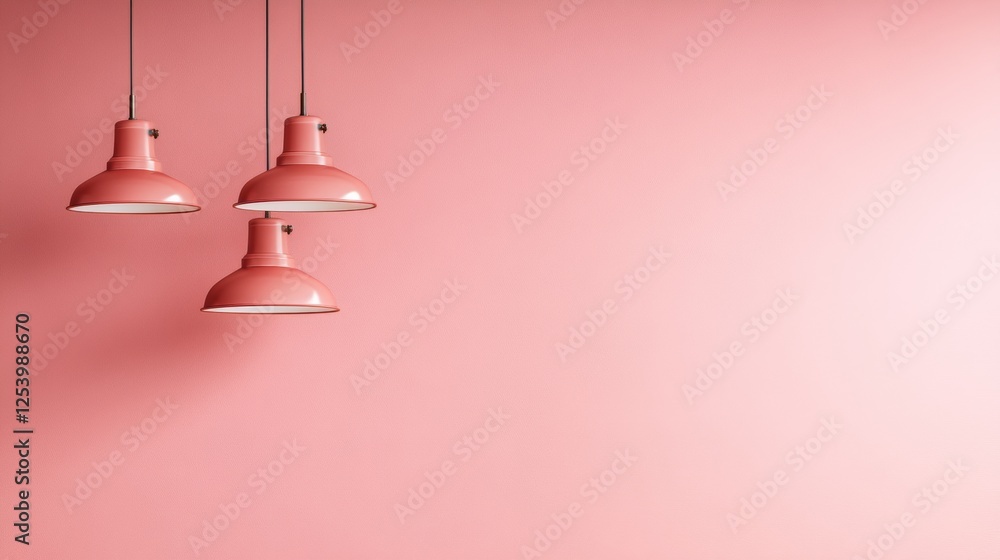 Pink pendant lights against a pastel wall in a modern setting Pink pendant lights against a pastel wall in a modern setting
