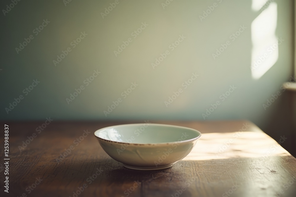 A simple, empty ceramic bowl sits serenely on a wooden table, bathed in soft natural light by the window.