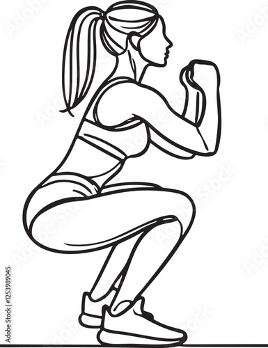 Fitness Line Drawing. Woman Doing Squats in Vector Art