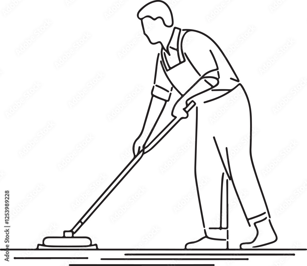 Janitor Mopping Floor Line Art Illustration. Vector Cleanliness Concept Janitor Mopping Floor Line Art Illustration. Vector Cleanliness Concept