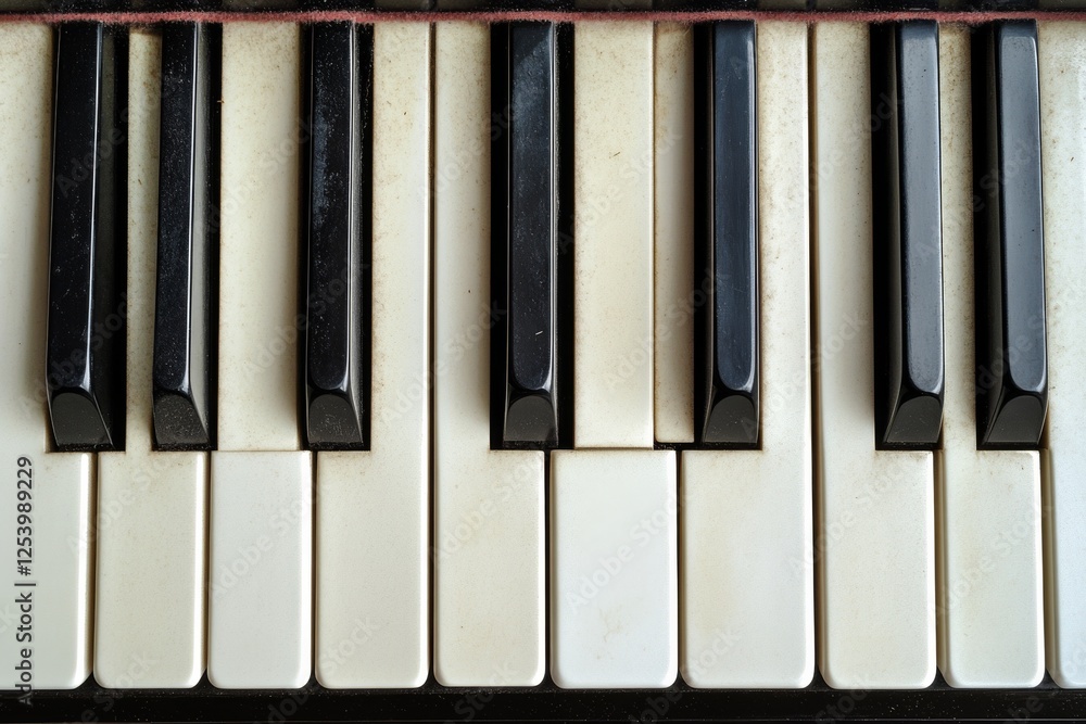 Naklejka premium Close-up of piano keys showcasing the aged beauty and timeless elegance of the instrument's monochrome pattern.