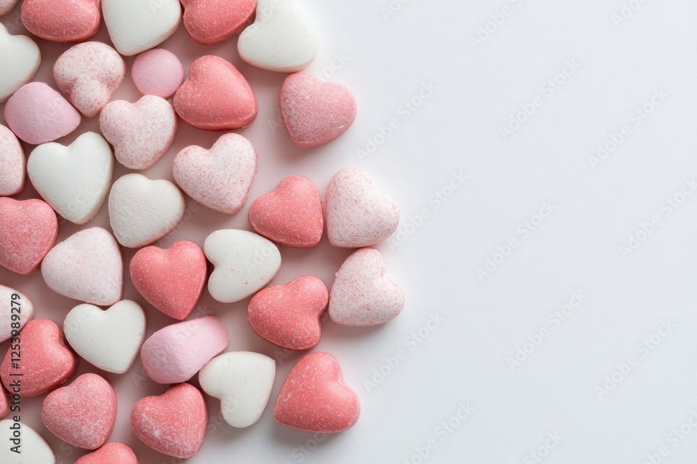 Heart-shaped candies in pink and white display Heart-shaped candies in pink and white display