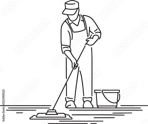 Janitor Mopping Floor Line Art Illustration. Vector Cleanliness Concept