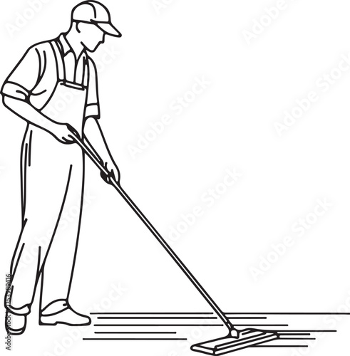 Janitor Mopping Floor Line Art Illustration. Vector Cleanliness Concept