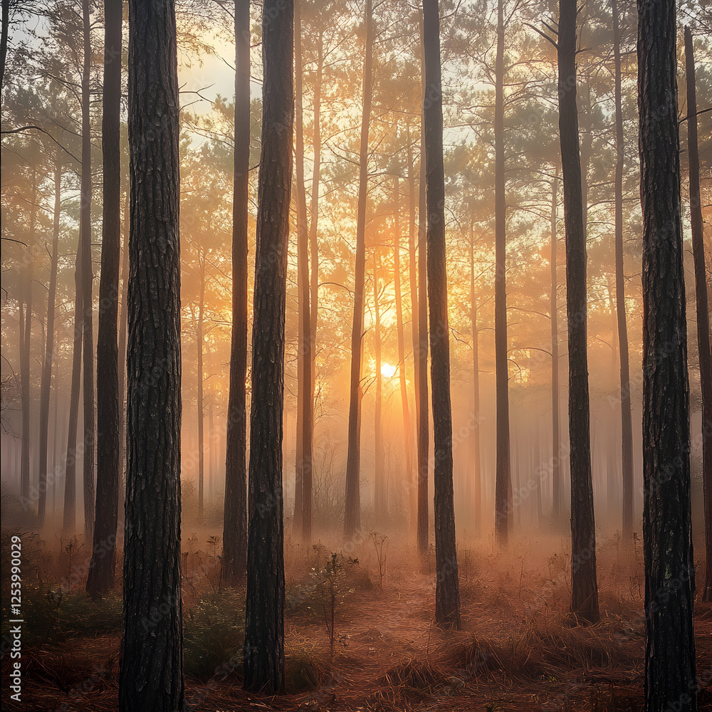 Obraz premium Majestic Loblolly Pines at Sunrise: A Symphony of Light and Nature in a Serene Forest