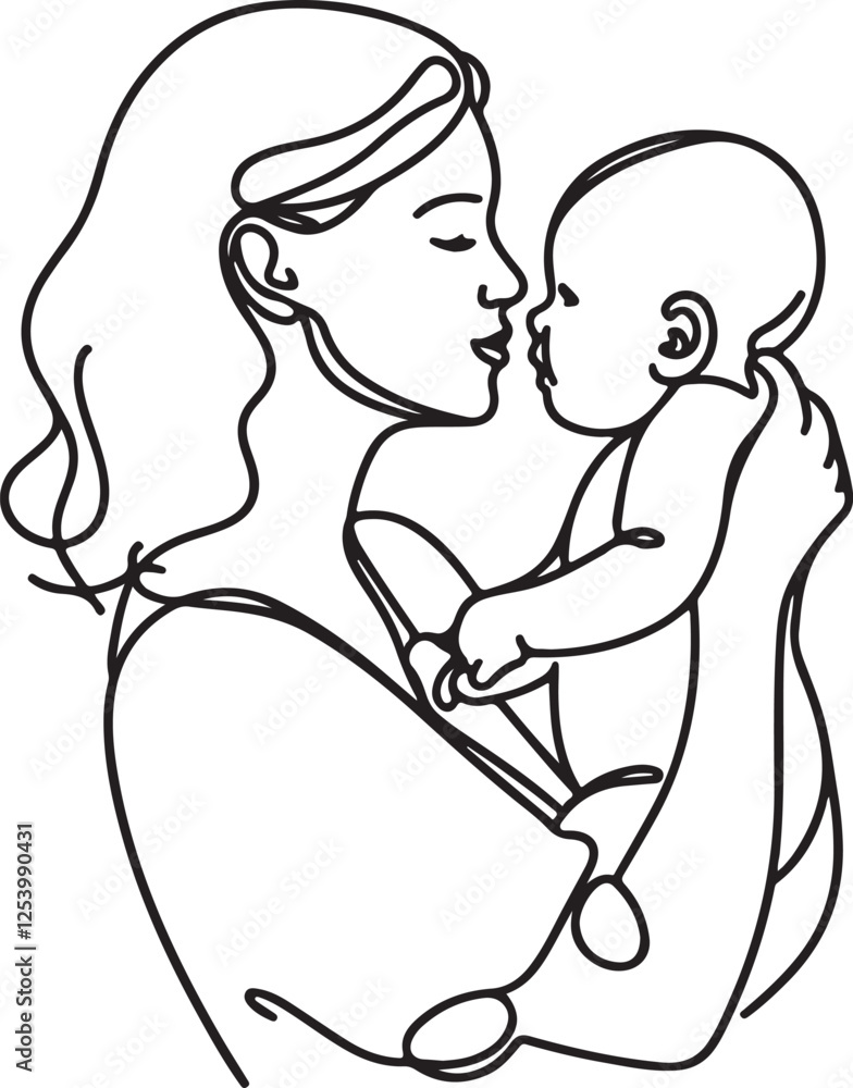Elegant Line Drawing of Mom Lifting Baby – Vector Art Elegant Line Drawing of Mom Lifting Baby – Vector Art