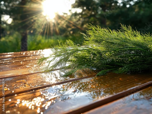 Fennel fronds bathed in warm afternoon light wooden table macro photography nature setting close-up view delicate texture photo