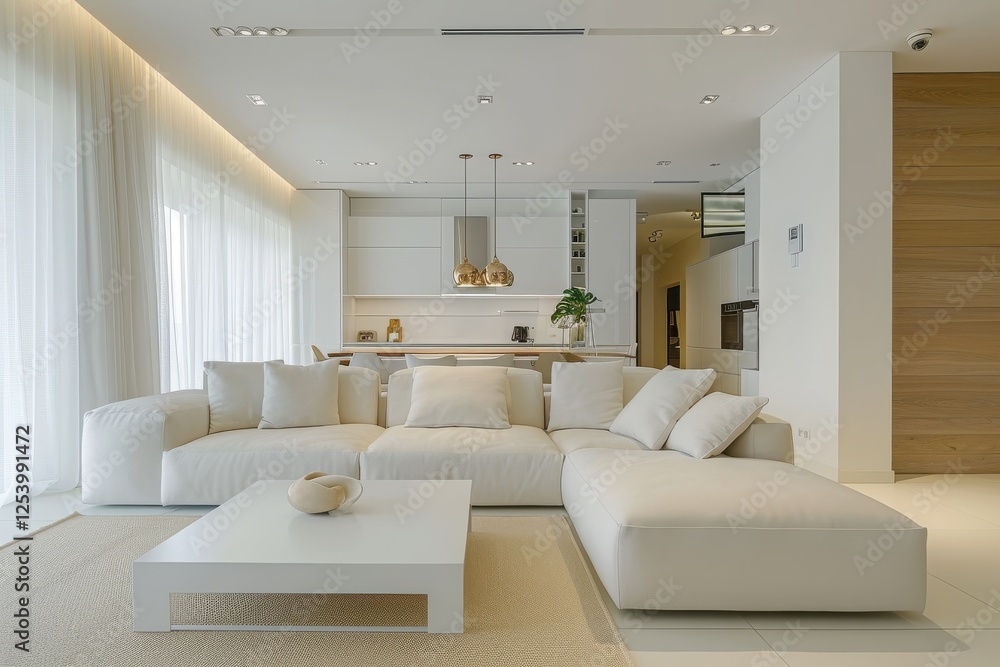 Modern open concept living room in a bright apartment featuring a large white sectional sofa and minimalist decor Modern open concept living room in a bright apartment featuring a large white sectional sofa and minimalist decor
