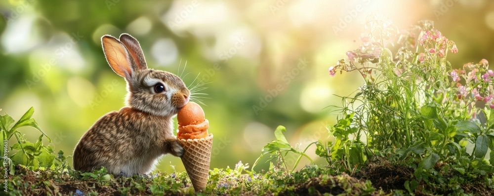 Obraz premium Easter Day celebration-themed. A cute rabbit enjoying ice cream in a sunny, green setting.