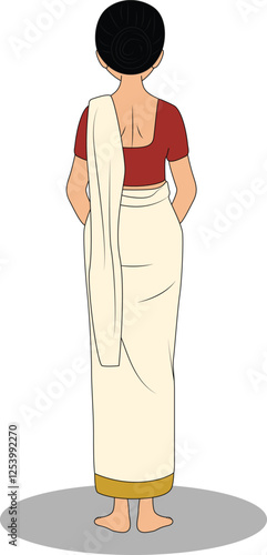A south indian woman wearing traditional dress back pose cartoon character design