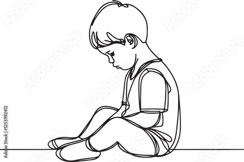 Emotional Line Drawing of a Toddler Boy Sitting on Floor. Vector Art