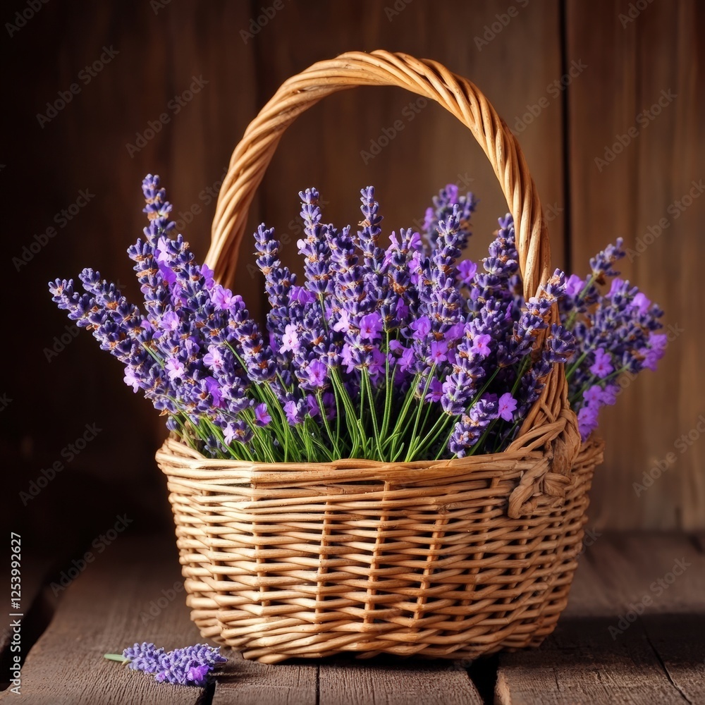 Fototapeta premium Lavender flowers in a wicker basket, beautifully arranged, showcasing vibrant purple hues, perfect for decoration, relaxation, and aromatherapy concept