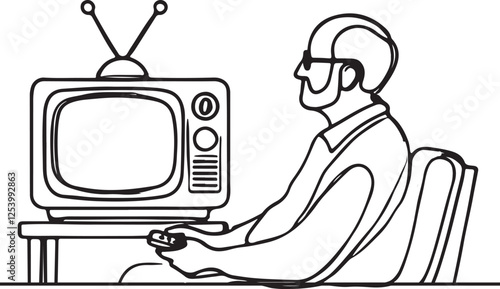 Line Drawing of Elderly Man Watching TV on Classic Tube Set