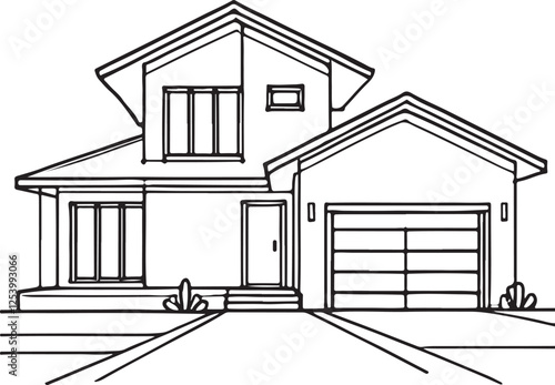 Contemporary Single-Family Home with Garage - Line Art Vector Design