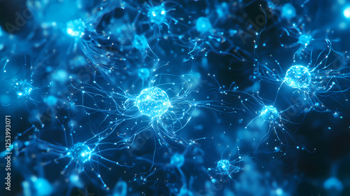 Blue glowing brain, neural network, connections, mind power, knowledge, website header. Neural Network Consciousness. Illustration