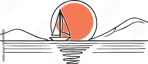 Sunset Over Ocean with Sailboat Line Drawing Vector