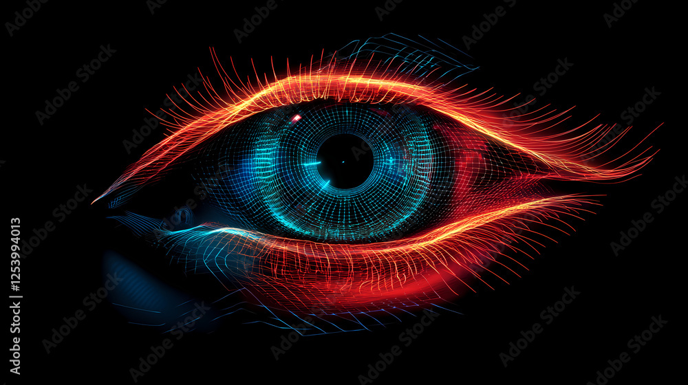 Cosmic eye: a vision of interconnectedness in neon hues. Neural Network Consciousness. Illustration Cosmic eye: a vision of interconnectedness in neon hues. Neural Network Consciousness. Illustration