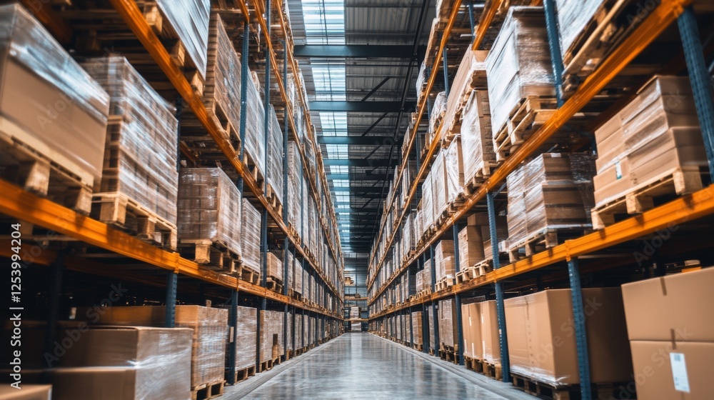 Fototapeta premium Industrial warehouse with stacked pallets in geometric alignment