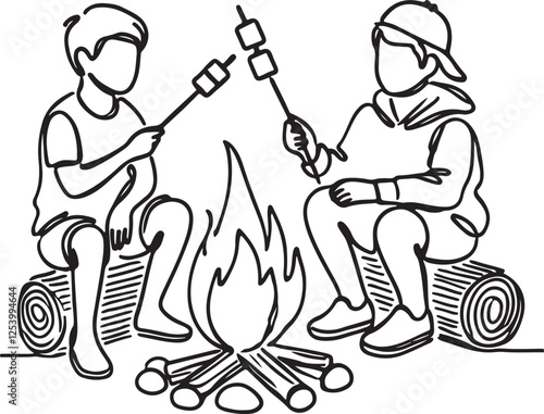 Campfire Moment. Two Boys Roasting Marshmallows Vector Art