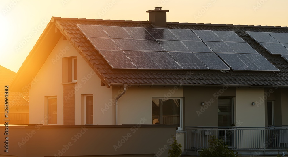 solar panel fitted on the house roof, Sustainable Energy, Clean energy at home, banner type solar panel fitted on the house roof, Sustainable Energy, Clean energy at home, banner type