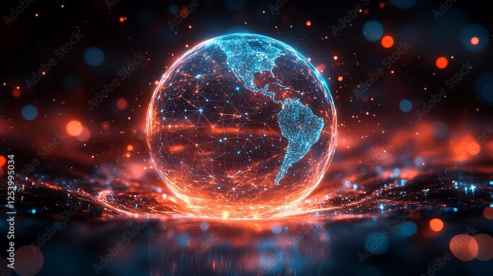 A digitally enhanced global sphere with blue and red energy patterns forming a web A digitally enhanced global sphere with blue and red energy patterns forming a web