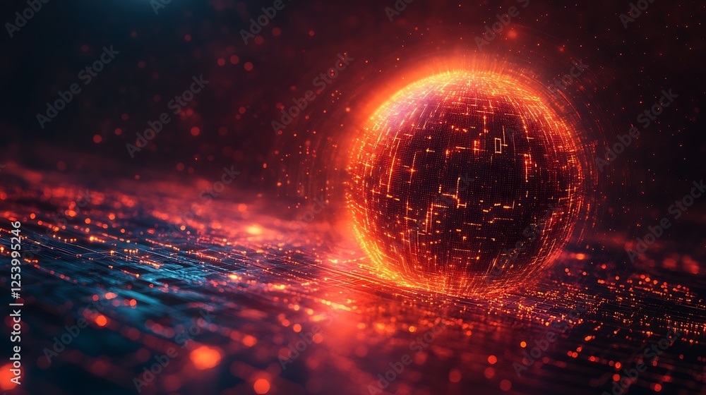 Obraz premium A global technology concept featuring a glowing sphere with digital light flows