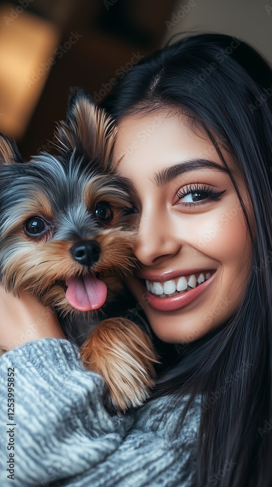 Warm and Joyful Moment Captured of a Smiling Woman Holding Her Adorable Small Dog : Generative AI Warm and Joyful Moment Captured of a Smiling Woman Holding Her Adorable Small Dog : Generative AI
