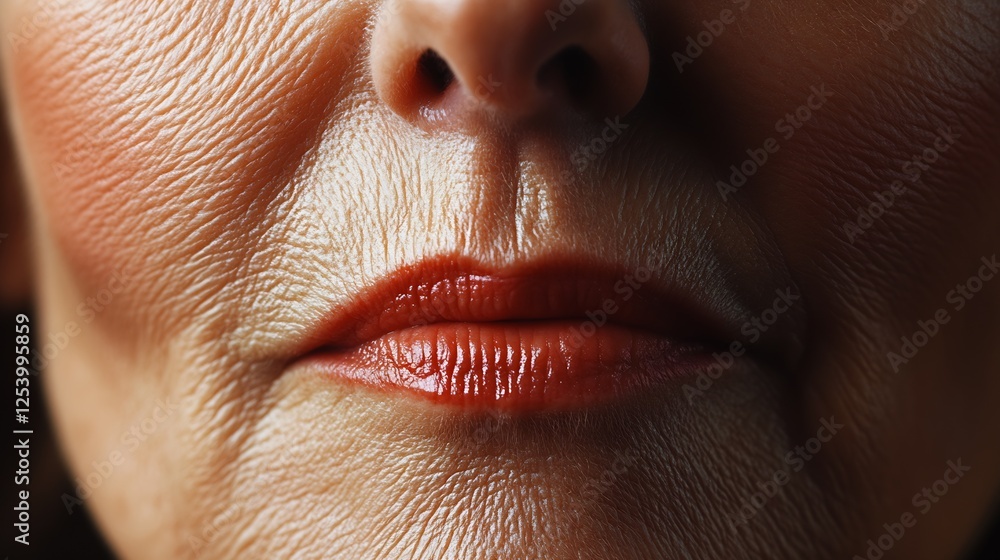 Obraz premium Artistic close up of an older woman highlighting her textured skin and distinctive facial features with bold lips : Generative AI