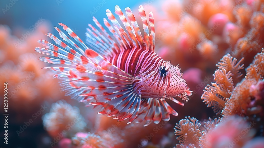 Obraz premium Vibrant Lionfish Gracefully Swimming in a Coral Reef: A Stunning Underwater Scene of Marine Life