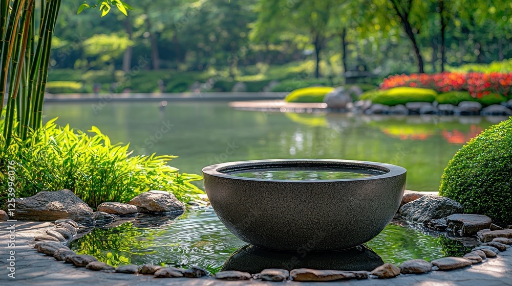 Stone bowl water feature in tranquil garden pond Stone bowl water feature in tranquil garden pond
