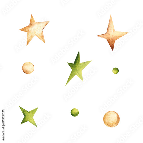 Canvastavla Golden and Green Stars and Circles or Baubles Set, Colorful Confetti