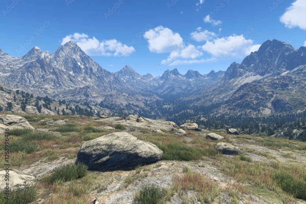 Mountain range vista, sunny day, rocky foreground, game background, landscape design Mountain range vista, sunny day, rocky foreground, game background, landscape design