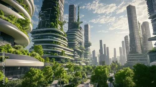 Obraz An architectural visualization of a futuristic cityscape with sustainable skyscrapers and green spaces designed for urban renewal, Futuristic cityscape scene, Conceptual design style