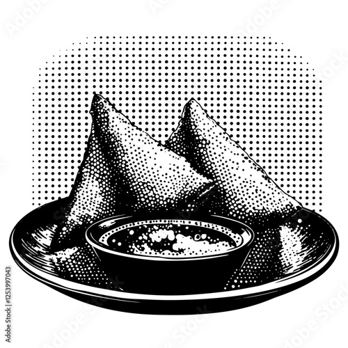 hand drawn samosa vector with sauce on plate, black and white food illustration with halftone texture