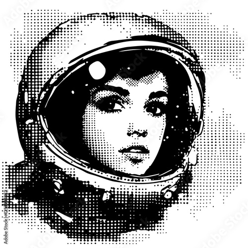 female astronaut portrait vector in halftone style, black and white retro sci-fi illustration