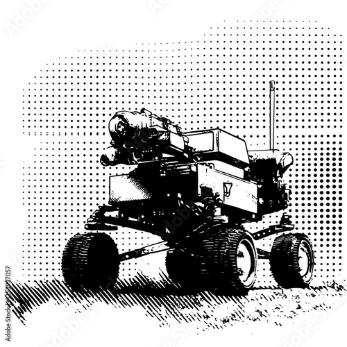 mars rover robot vehicle vector in black and white halftone style, space exploration concept