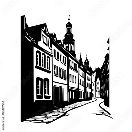 Narrow European street with old buildings in retro black and white ink style. Vector illustration