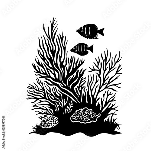coral reef with tropical fish silhouette vector