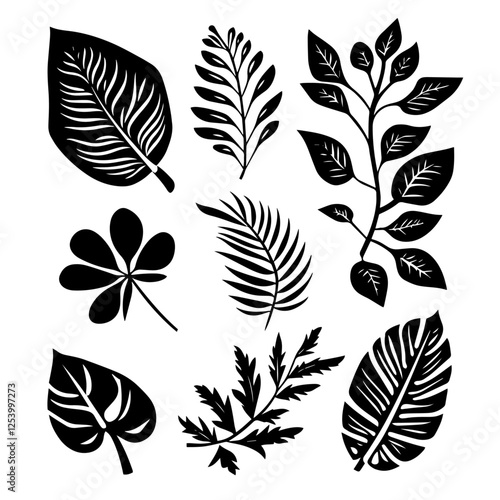 vector set of various leaf silhouettes in black and white botanical illustration style