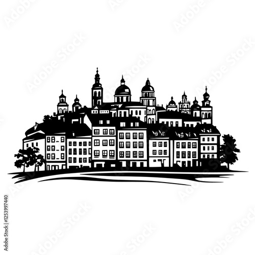 old european town skyline with churches and rooftops, detailed black and white vector of historic cityscape