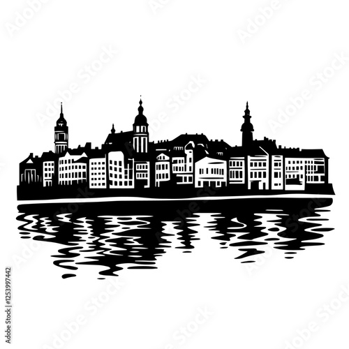 Silhouette of an old city skyline with reflection in water. Retro black and white vector illustration