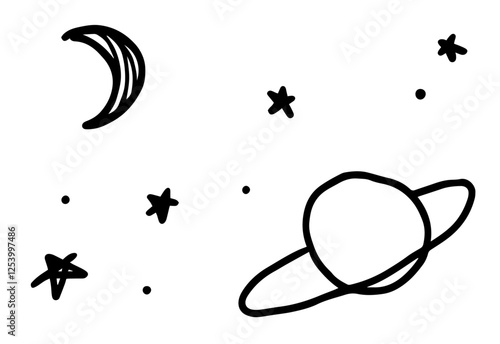 moon planet and stars doodle vector